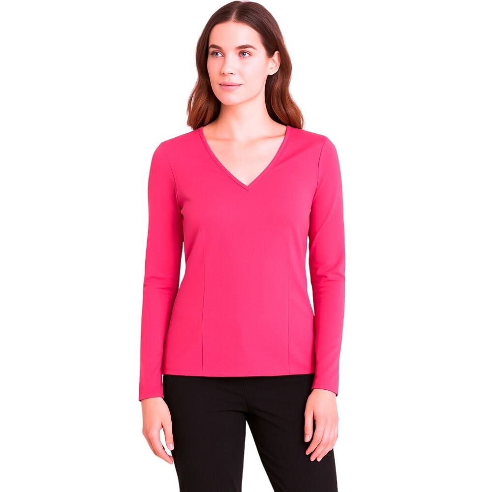 W by Worth Salmon Pink Long Sleeve V-Neck Fitted Tee Shirt - Size Medium 🍑 ✨ 💗